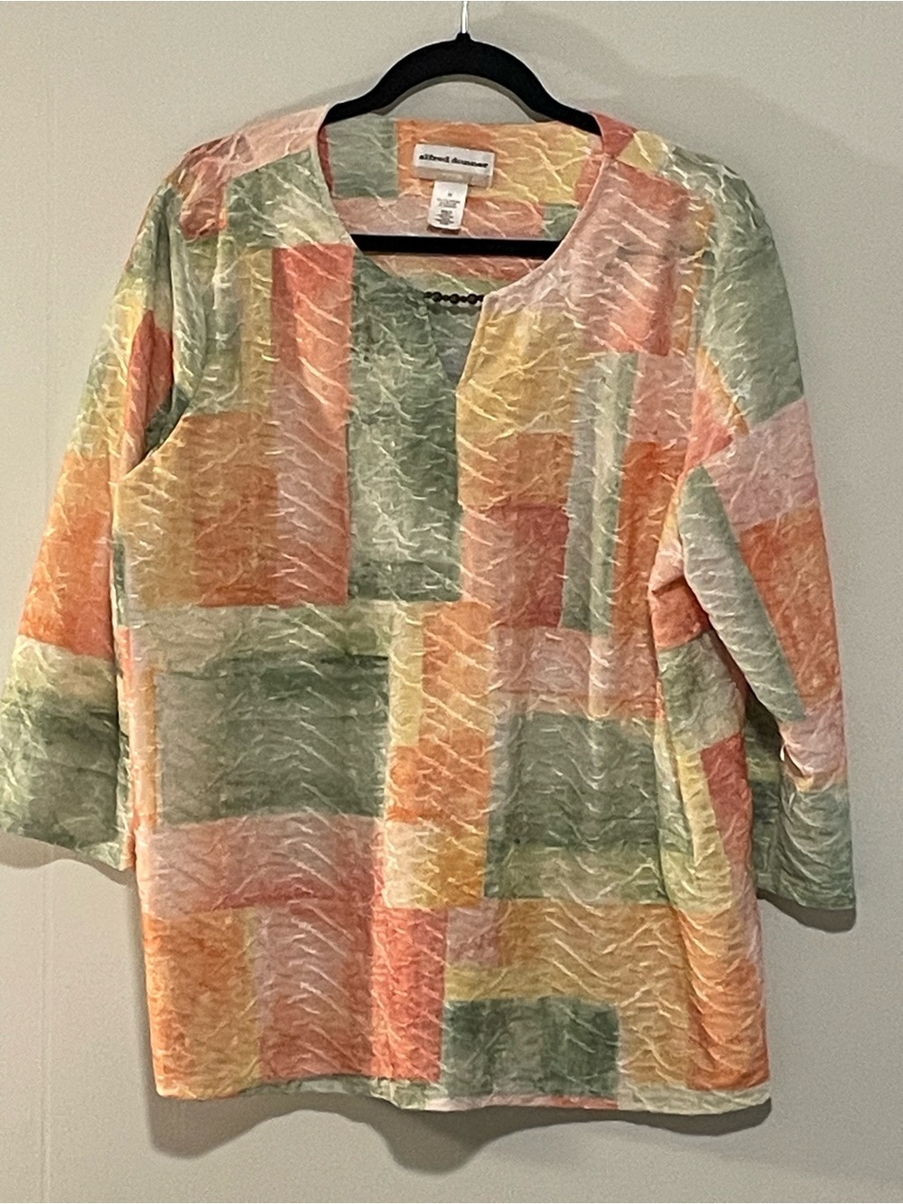 Alfred Dunner Pastel Patchwork Scoop-Neck Tunic in Mint, Peach & Yellow